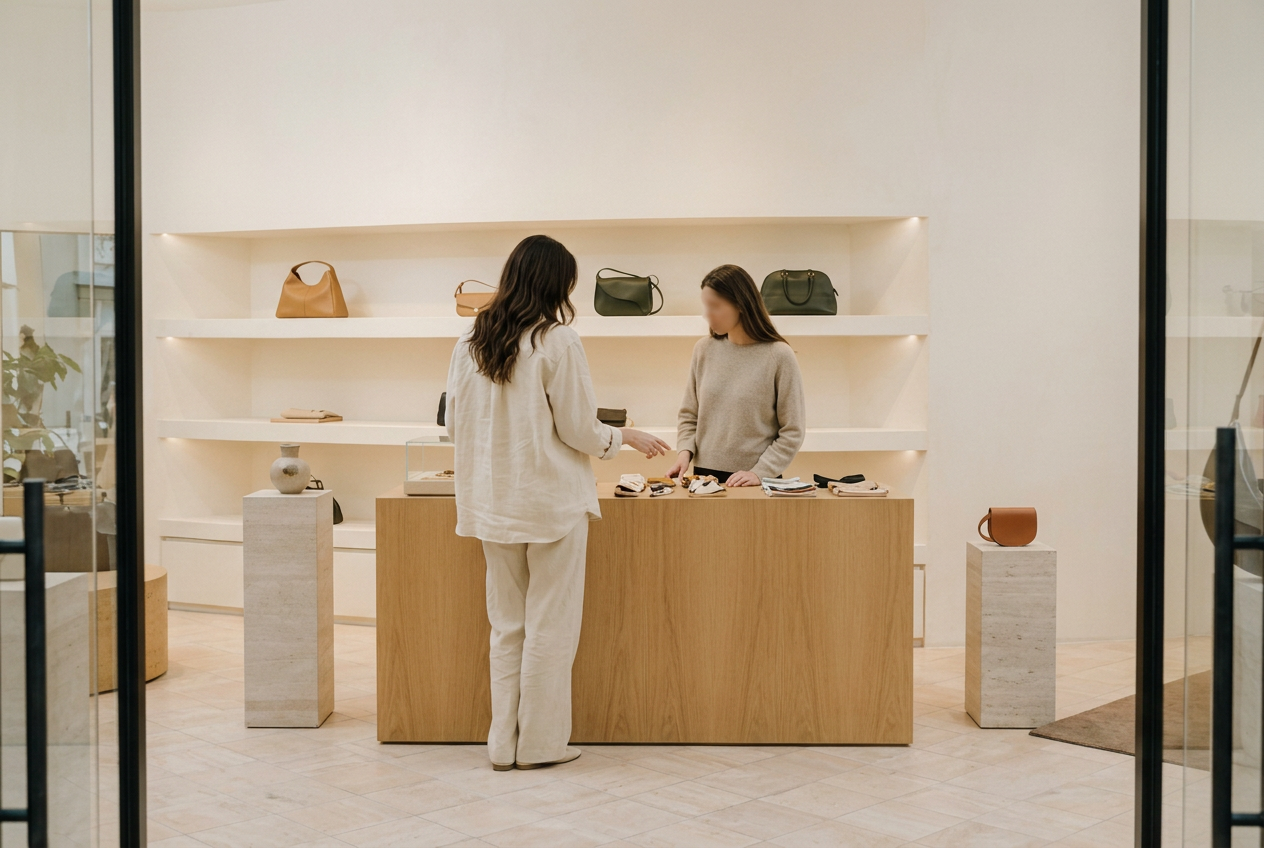 Two women at a stone counter looking out across a daylit flagship floor
