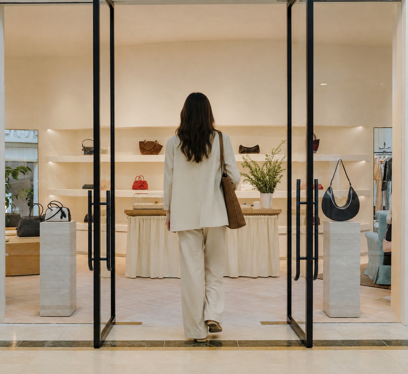 A retail leader stepping through the glass doors of a sunlit ivory flagship